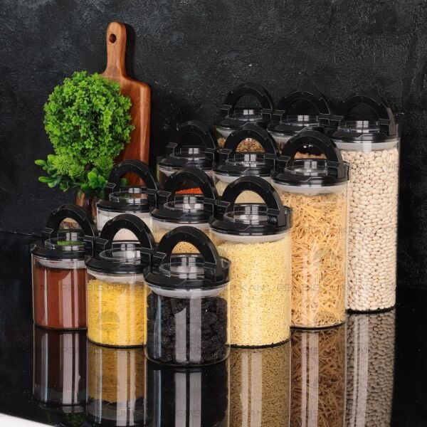 12Lİ SİYAH TESORA, ERZAK KAVANOZ SETİ (850ML-1300ML-1650ML-2100ML)