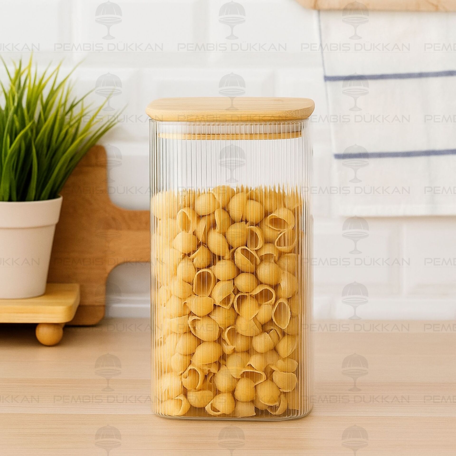 KARLO 1500ML BAMBU KAPAKLI, SIK ÇİZGİLİ KAVANOZ (BOR007)