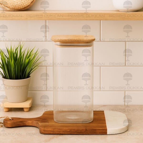 KARLO 1500ML BAMBU KAPAKLI, SIK ÇİZGİLİ KAVANOZ (BOR007)