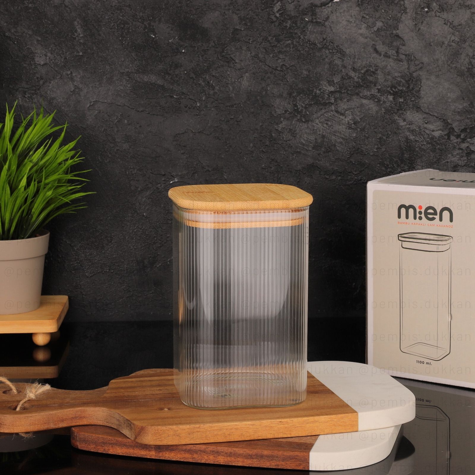 MN BAMBU KAPAKLI 1100ML KARE CAM KAVANOZ (BOR-006)