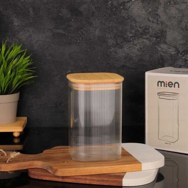 MN BAMBU KAPAKLI 1100ML KARE CAM KAVANOZ (BOR-006)