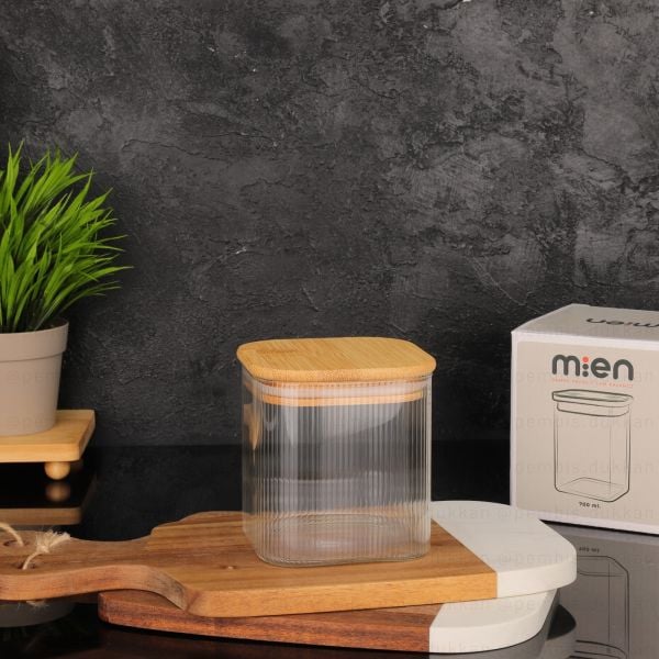 MN BAMBU KAPAKLI 700ML KARE CAM KAVANOZ (BOR-005)