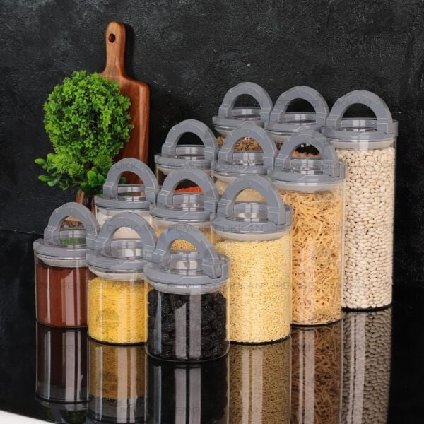 12Lİ GRİ TESORA, ERZAK KAVANOZ SETİ (850ML-1300ML-1650ML-2100ML)