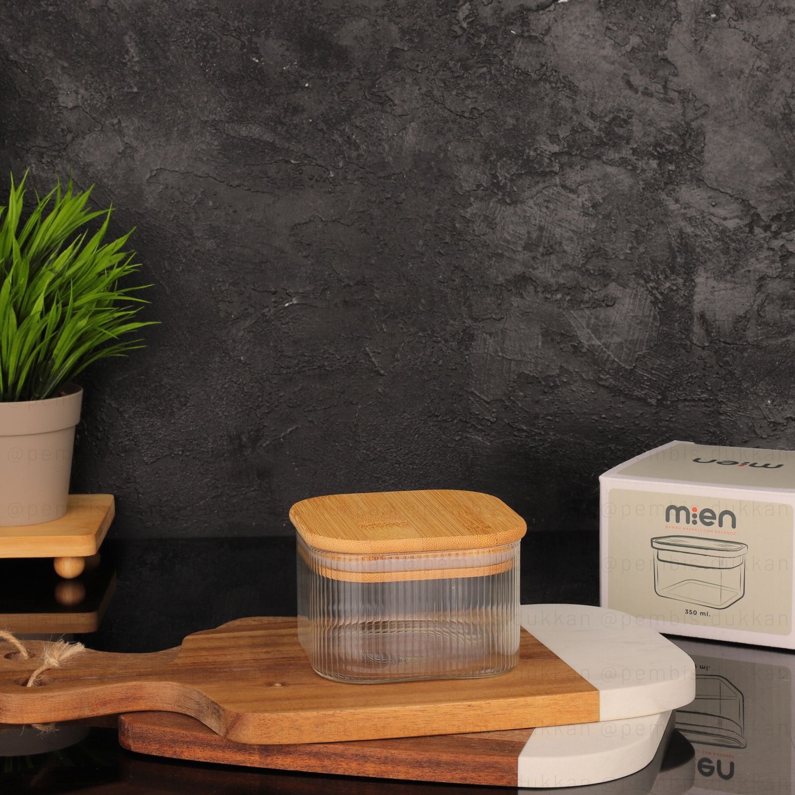 MN BAMBU KAPAKLI 350ML KARE CAM KAHVALTILIK & KAVANOZ (BOR-004)
