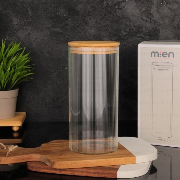 YUVİ 1400ML BAMBU KAPAKLI, SIK ÇİZGİLİ KAVANOZ (BOR003)