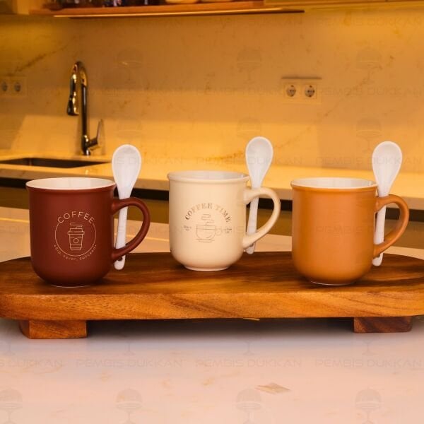 3LÜ PORSELEN KAŞIKLI KUPA (THN12305)