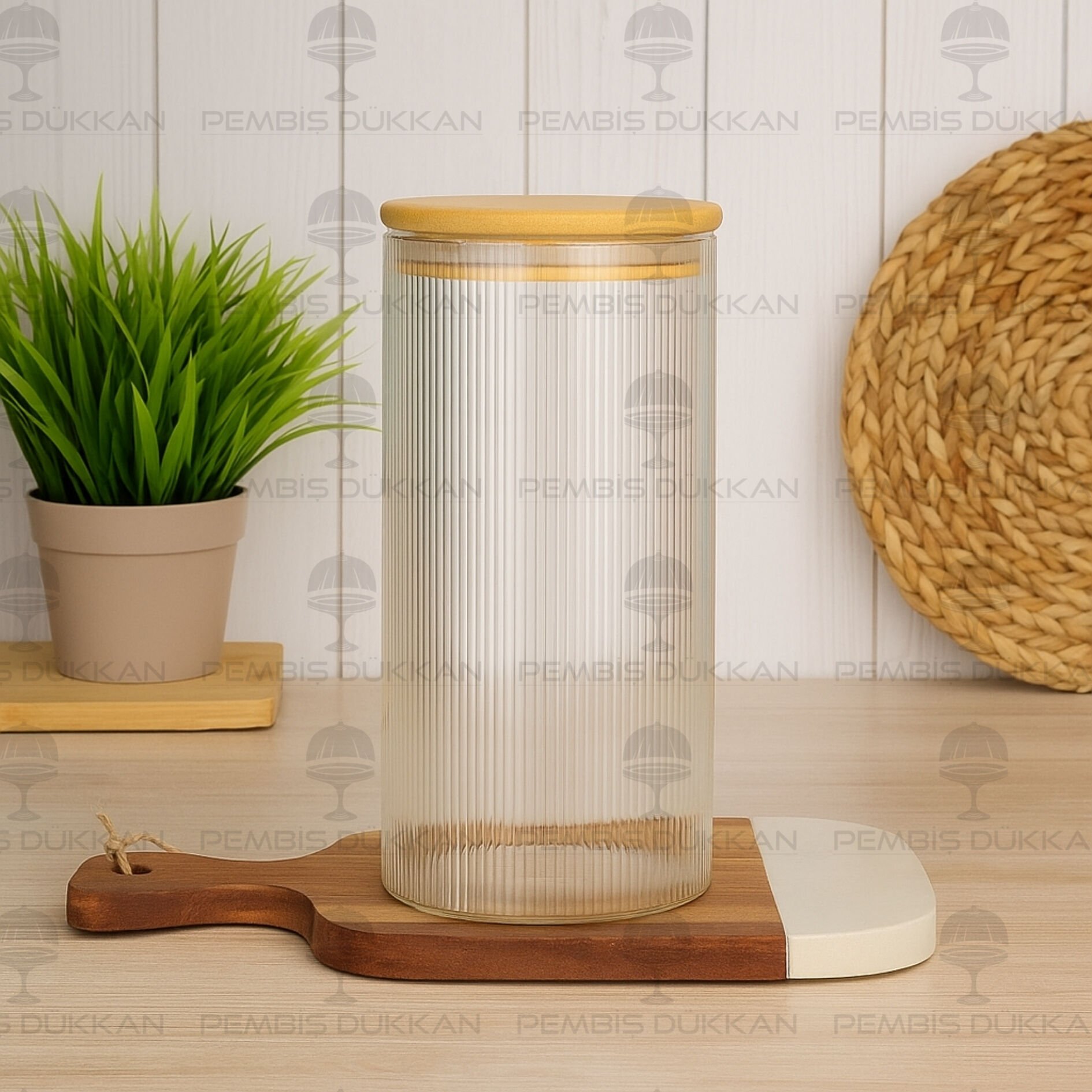 YUVİ 1400ML BAMBU KAPAKLI, SIK ÇİZGİLİ KAVANOZ (BOR003)