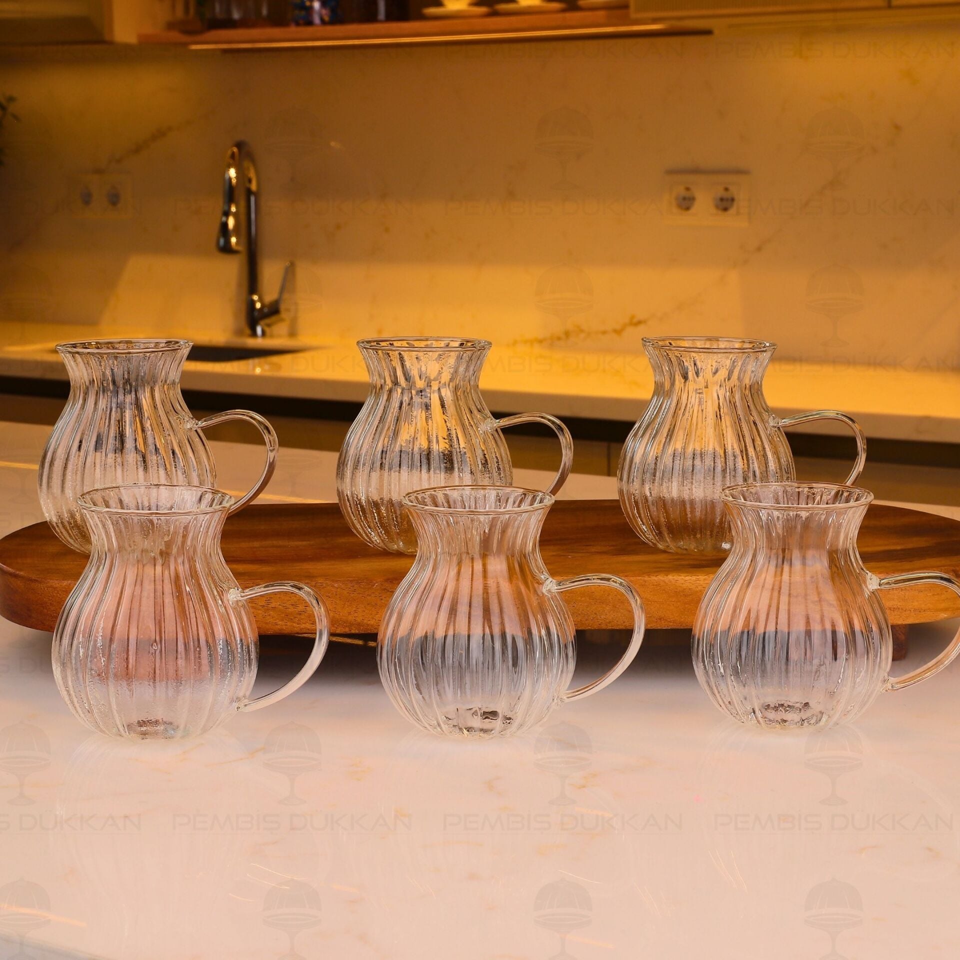 6LI ÇİZGİLİ BOROSİLİKAT CAM, KULPLU ÇAY BARDAĞI