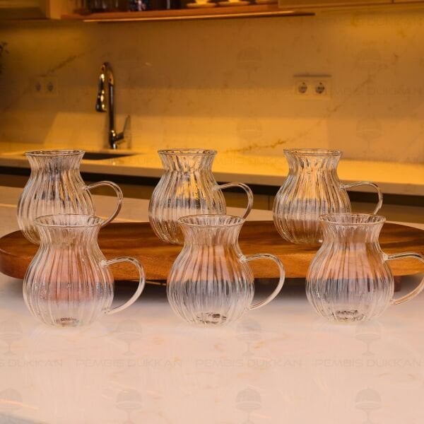 6LI ÇİZGİLİ BOROSİLİKAT CAM, KULPLU ÇAY BARDAĞI