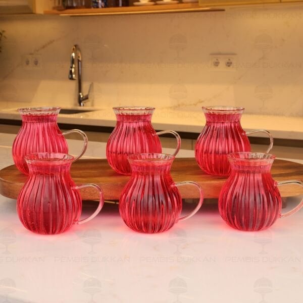 6LI ÇİZGİLİ BOROSİLİKAT CAM, KULPLU ÇAY BARDAĞI