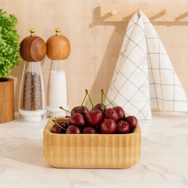 BAMBU KARE ÇİZGİLİ ORTA BOY ÇEREZLİK & KASE (7B171)