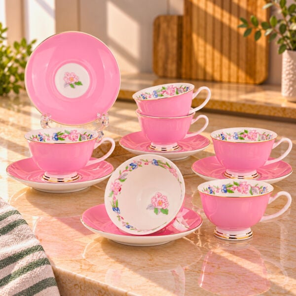 Pembe 6 kişilik 12 Parça Kahve Fincan Takımı