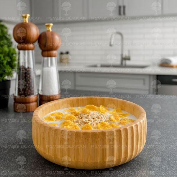1 ADET YUVARLAK BAMBU KENAR ÇİZGİLİ KASE ORTA BOY(7B02)