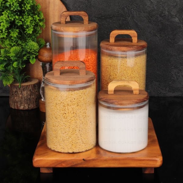 AKASYA YUVARLAK ÇİZGİLİ KAVANOZ & AKASYA KARE AYAKLI KOMBİN SET