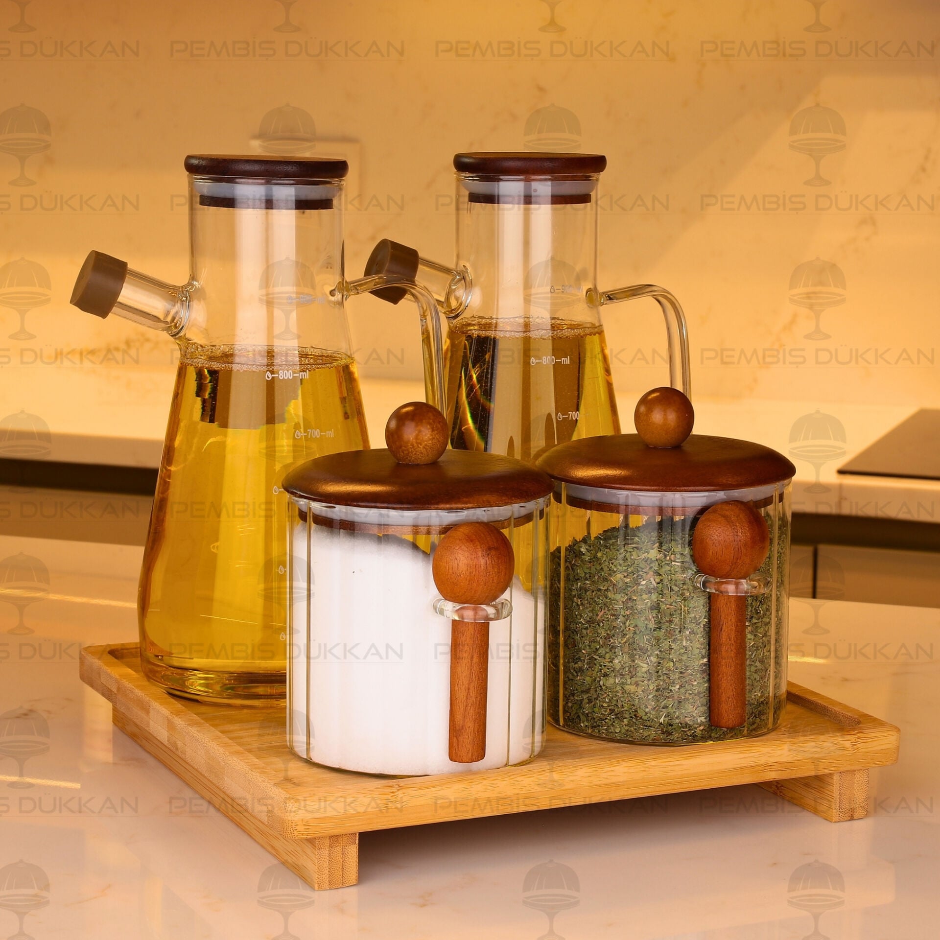4lü Bambu Standlı Serenit Ocak Yanı Yağdanlık Kombin Set 120