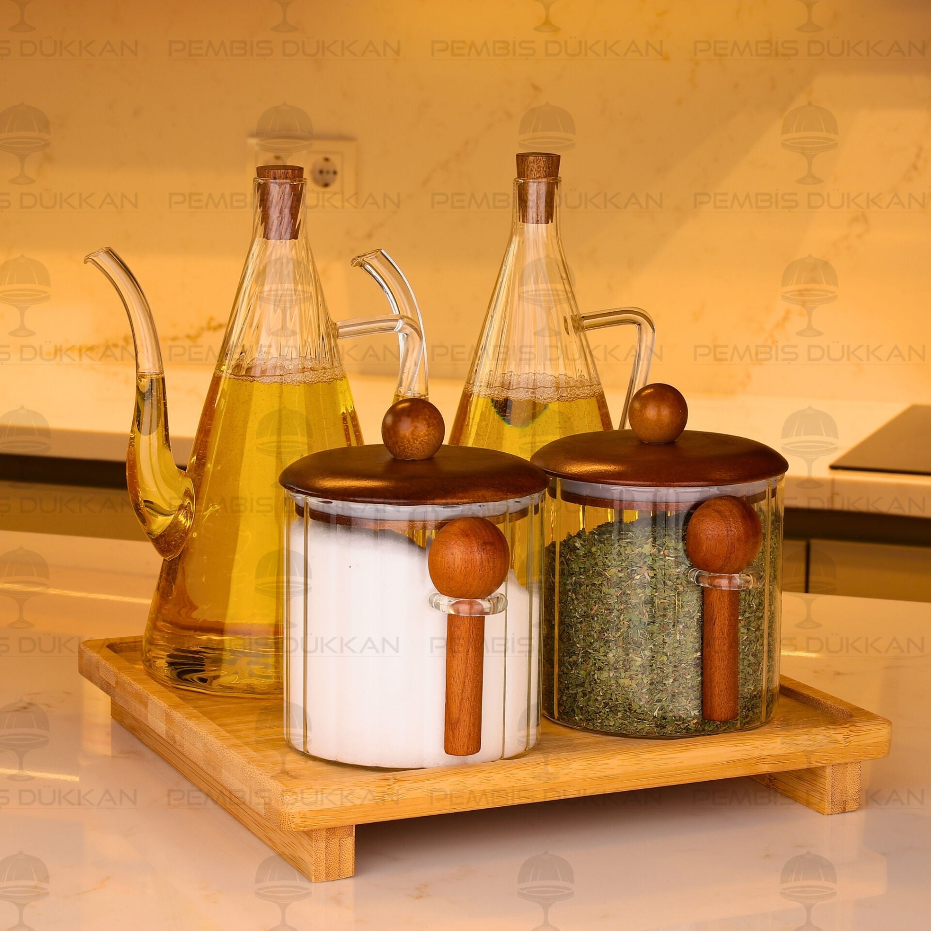4lü Bambu Standlı İbrik Ocak Yanı Yağdanlık Kombin Set 121