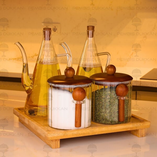 4lü Bambu Standlı İbrik Ocak Yanı Yağdanlık Kombin Set 121