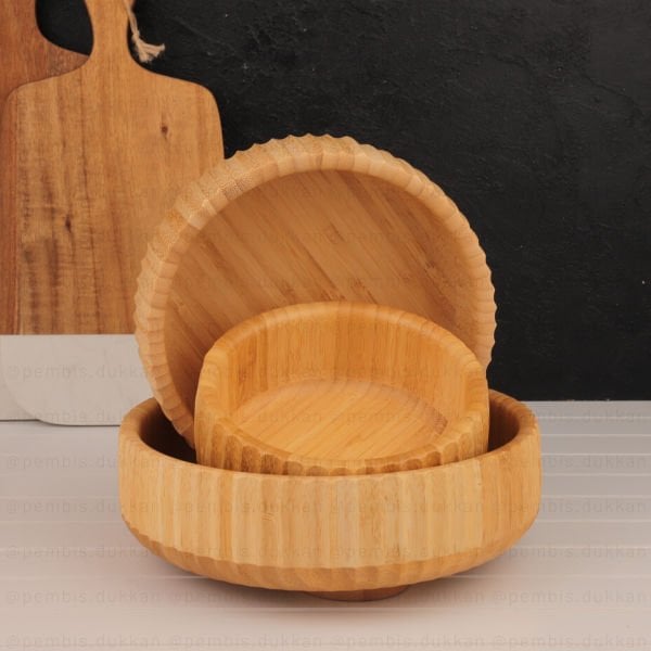 3'LÜ YUVARLAK BAMBU KENAR ÇİZGİLİ KASE SET