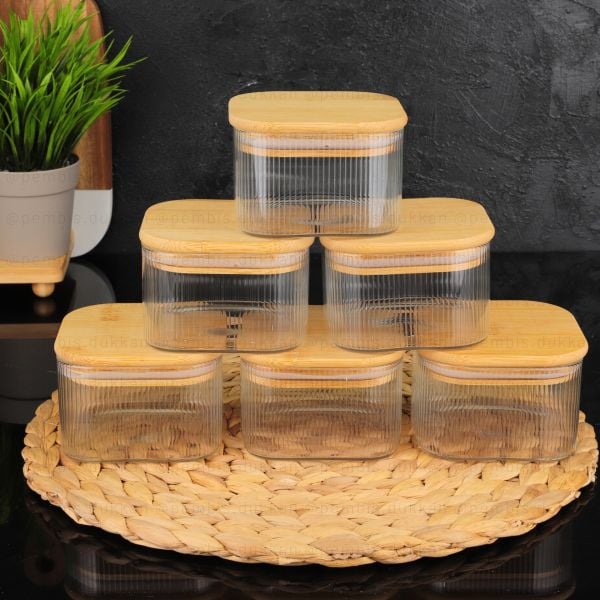 6LI MN BAMBU KAPAKLI 350ML KARE CAM KAHVALTILIK & KAVANOZ (BOR-004)