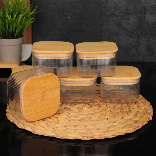 6LI MN BAMBU KAPAKLI 350ML KARE CAM KAHVALTILIK & KAVANOZ (BOR-004)
