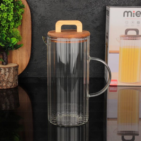 1300ML ÇİZGİLİ, AKASYA KAPAKLI BOROSİLİKAT CAM SÜRAHİ (BOR 068)