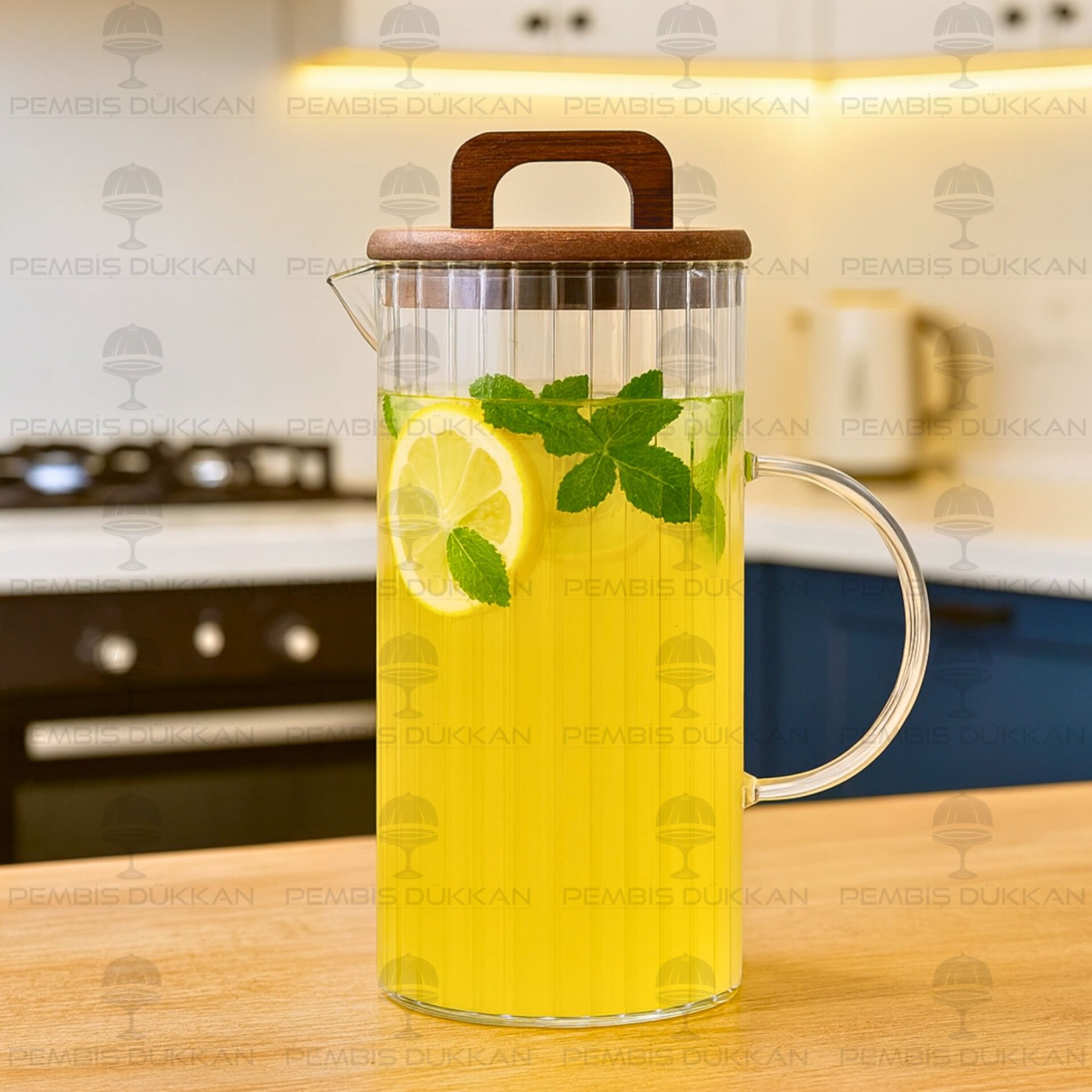 1300ML ÇİZGİLİ, AKASYA KAPAKLI BOROSİLİKAT CAM SÜRAHİ (BOR 068)