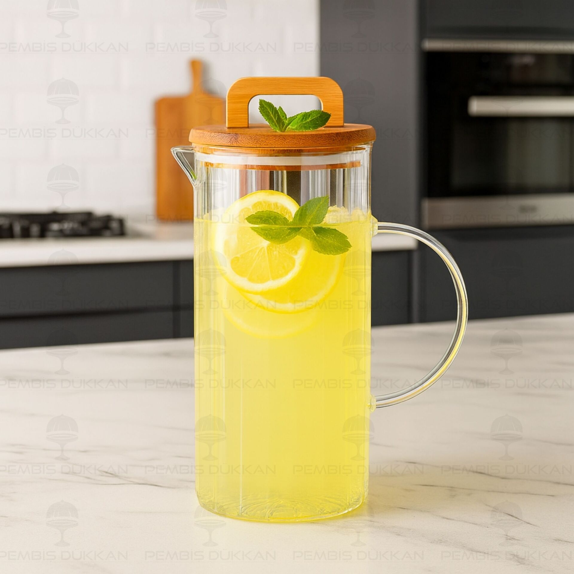 1300ML ÇİZGİLİ, AKASYA KAPAKLI BOROSİLİKAT CAM SÜRAHİ (BOR 068)