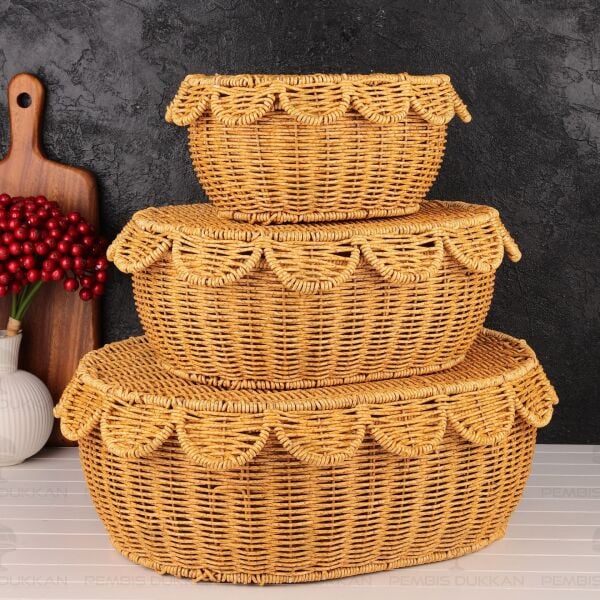 3lü Oval Kapaklı Rattan Sepet