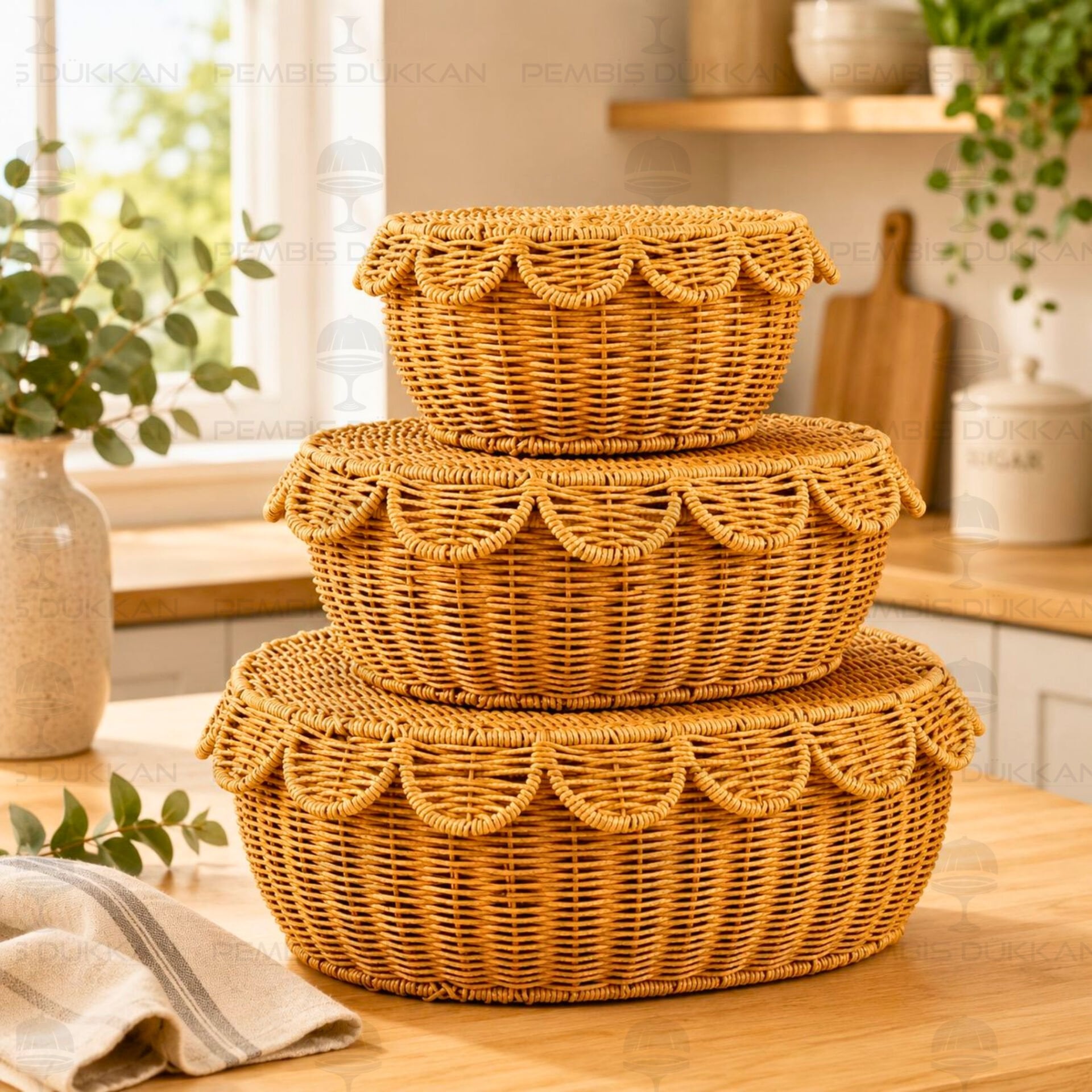 3LÜ OVAL KAPAKLI RATTAN SEPET
