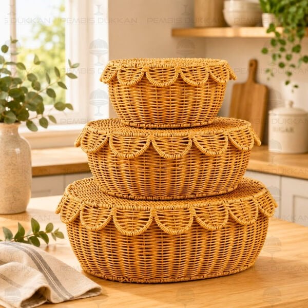 3LÜ OVAL KAPAKLI RATTAN SEPET