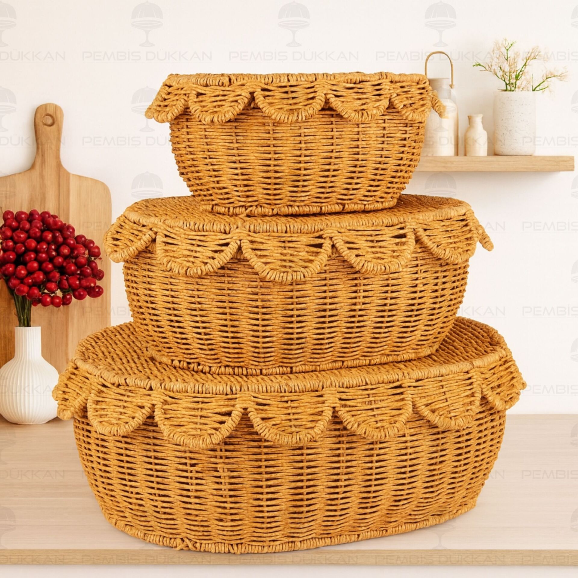 3LÜ OVAL KAPAKLI RATTAN SEPET (9T08)