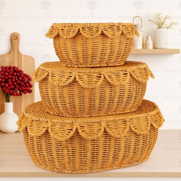 3LÜ OVAL KAPAKLI RATTAN SEPET (9T08)