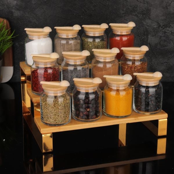 3 KATLI GOLD KENARLI BAMBU STAND+KAŞIKSIZ JANNA BAHARATLIK KOMBİN SET