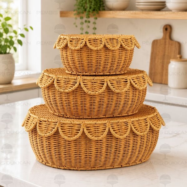 3lü Oval Kapaklı Rattan Sepet (1684)