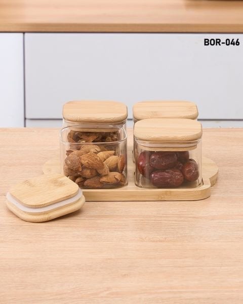 4LÜ BAMBU KAPAKLI, TEPSİLİ CAM KAHVALTILIK (BOR 046)