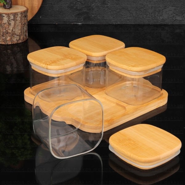 4LÜ BAMBU KAPAKLI, TEPSİLİ CAM KAHVALTILIK (BOR 046)