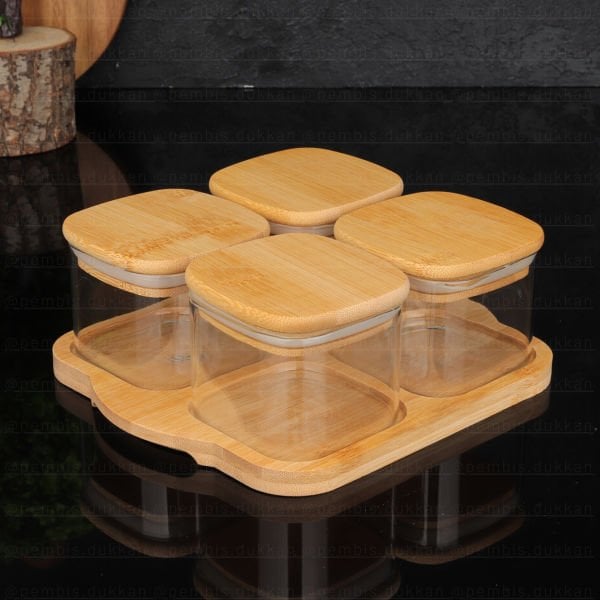 4LÜ BAMBU KAPAKLI, TEPSİLİ CAM KAHVALTILIK (BOR 046)