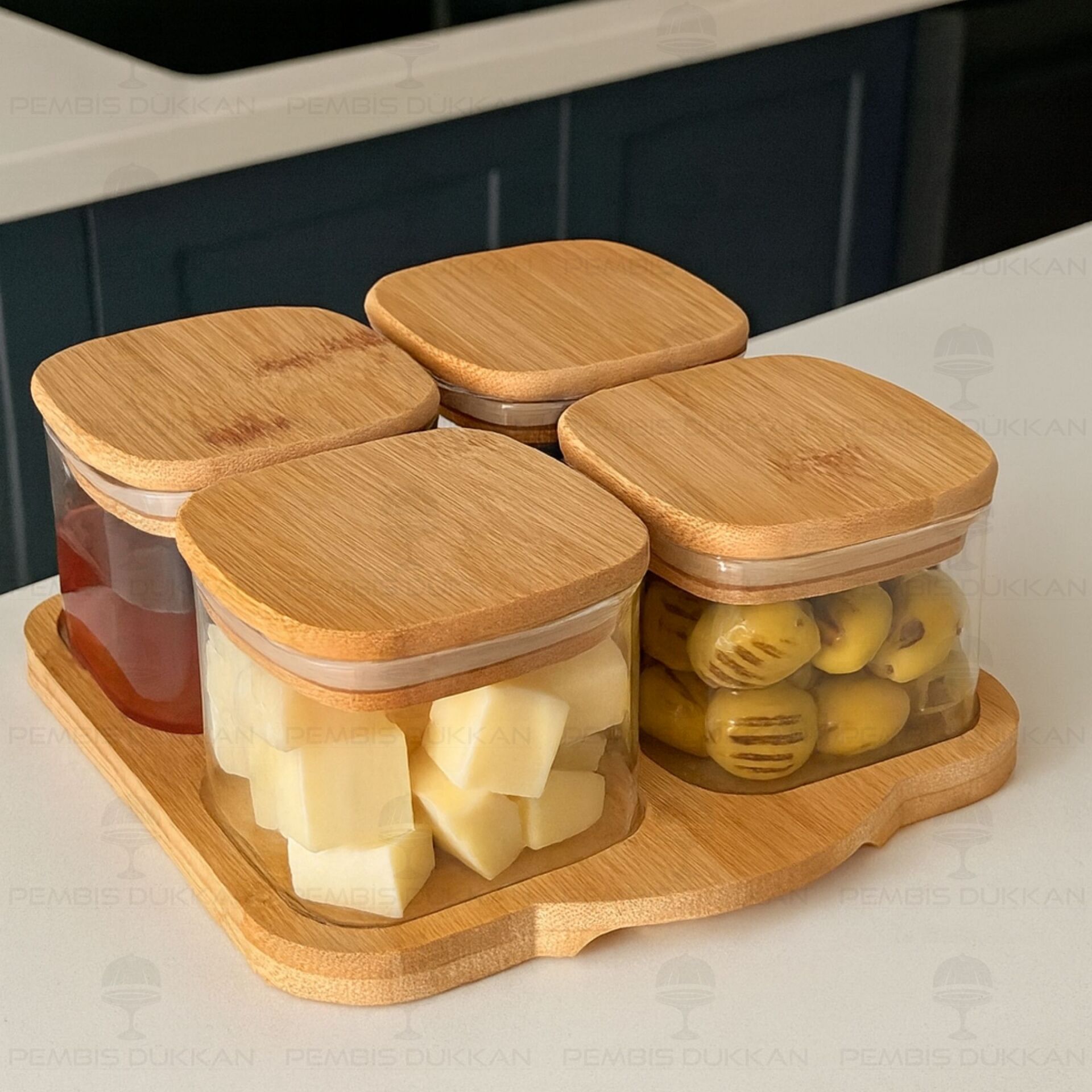 4LÜ BAMBU KAPAKLI, TEPSİLİ CAM KAHVALTILIK (BOR 046)