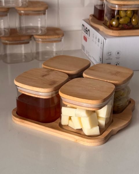 4LÜ BAMBU KAPAKLI, TEPSİLİ CAM KAHVALTILIK (BOR 046)