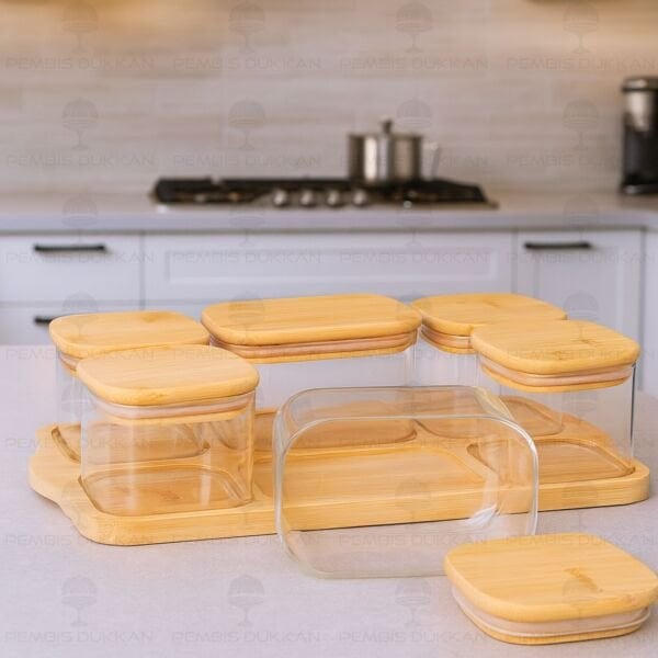 6LI BAMBU KAPAKLI, TEPSİLİ CAM KAHVALTILIK (BOR 047)