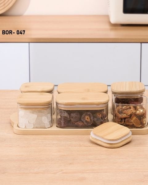 6LI BAMBU KAPAKLI, TEPSİLİ CAM KAHVALTILIK (BOR 047)