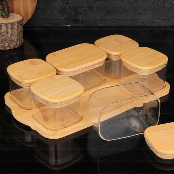 6LI BAMBU KAPAKLI, TEPSİLİ CAM KAHVALTILIK (BOR 047)