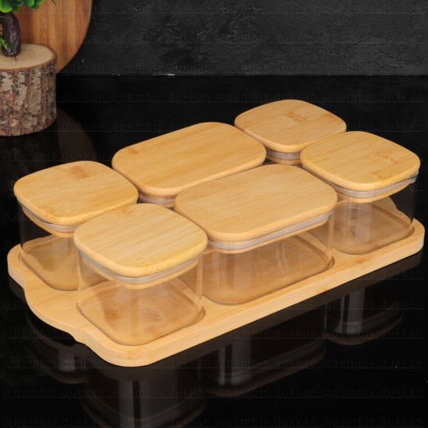 6LI BAMBU KAPAKLI, TEPSİLİ CAM KAHVALTILIK (BOR 047)