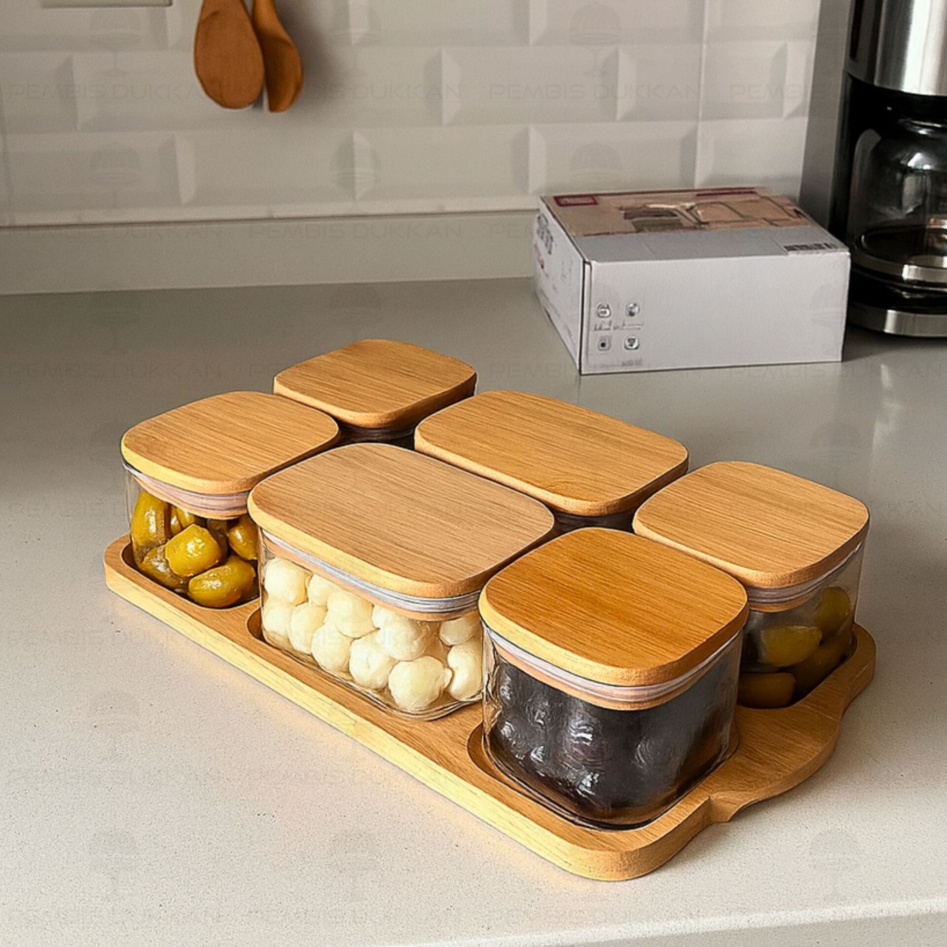 6LI BAMBU KAPAKLI, TEPSİLİ CAM KAHVALTILIK (BOR 047)