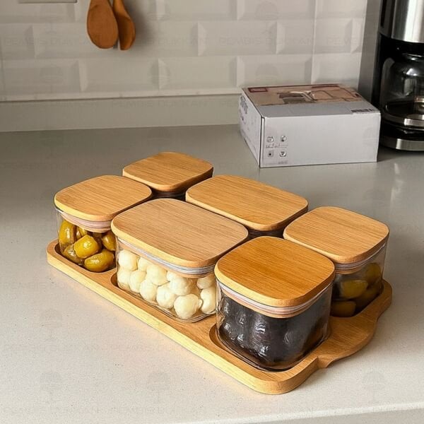 6LI BAMBU KAPAKLI, TEPSİLİ CAM KAHVALTILIK (BOR 047)