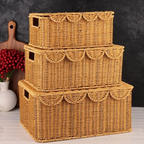 3LÜ DİKDÖRTGEN KAPAKLI RATTAN SEPET (9T07)