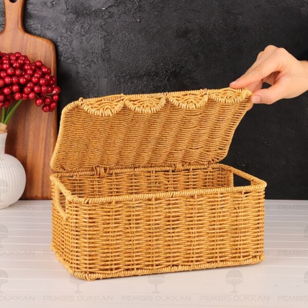 3LÜ DİKDÖRTGEN KAPAKLI RATTAN SEPET (9T07)