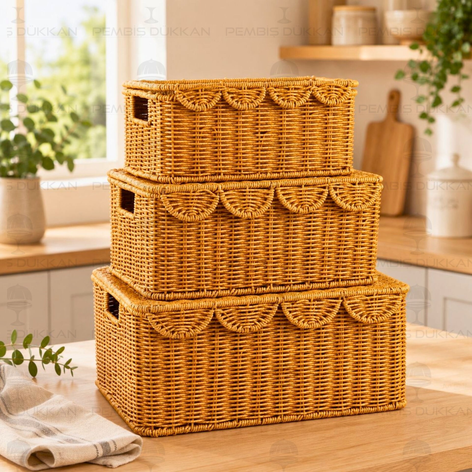 3LÜ DİKDÖRTGEN KAPAKLI RATTAN SEPET (9T07)