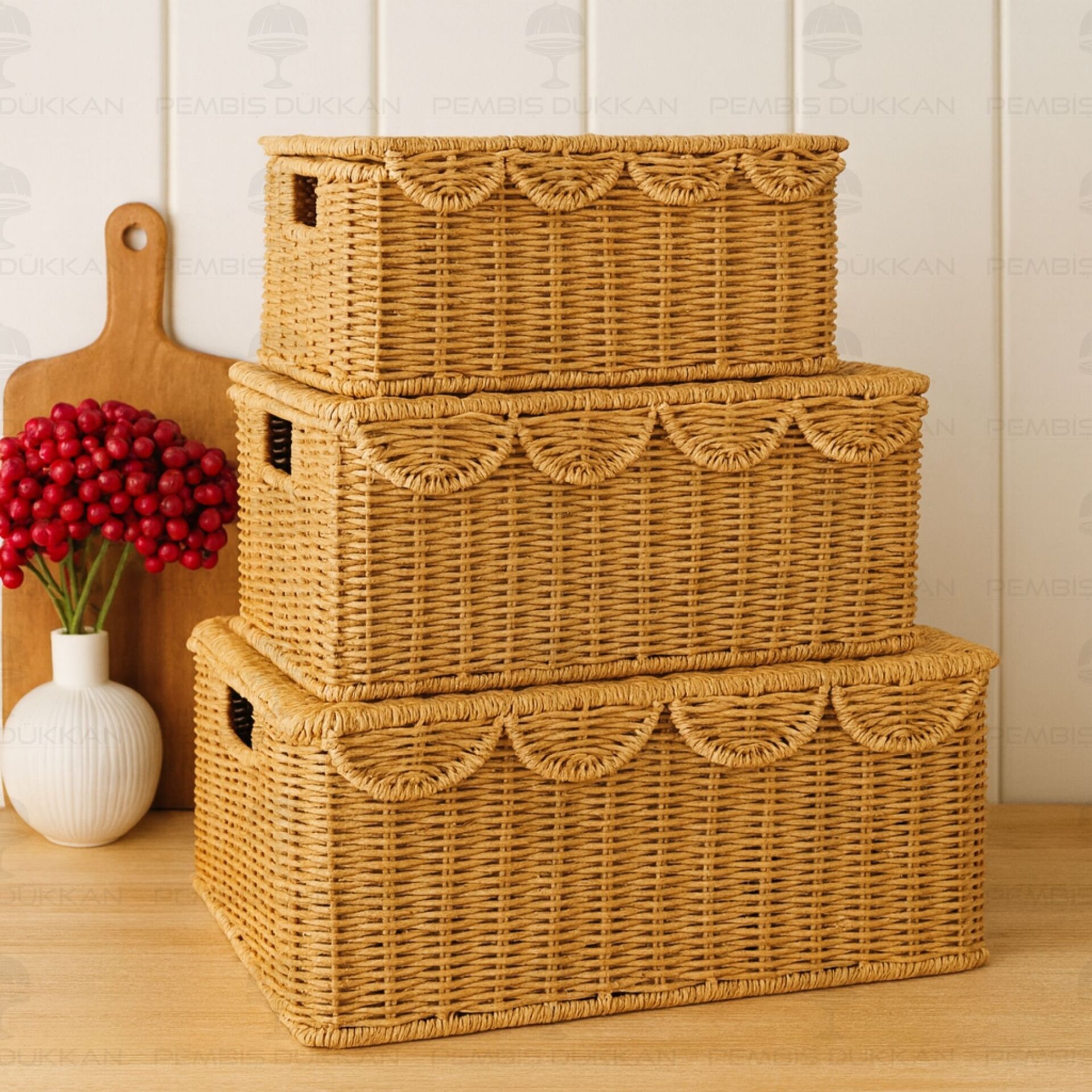 3LÜ DİKDÖRTGEN KAPAKLI RATTAN SEPET (9T07)