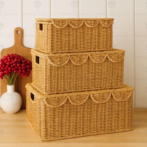 3LÜ DİKDÖRTGEN KAPAKLI RATTAN SEPET (9T07)